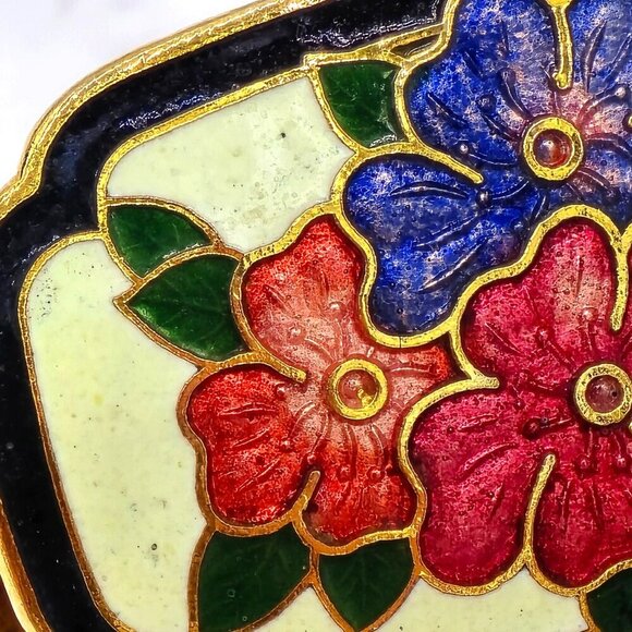Vtg Cloisonné Floral Scarf Handkerchief Ring Multicolored Enamel Gold-Tone - Picture 2 of 5